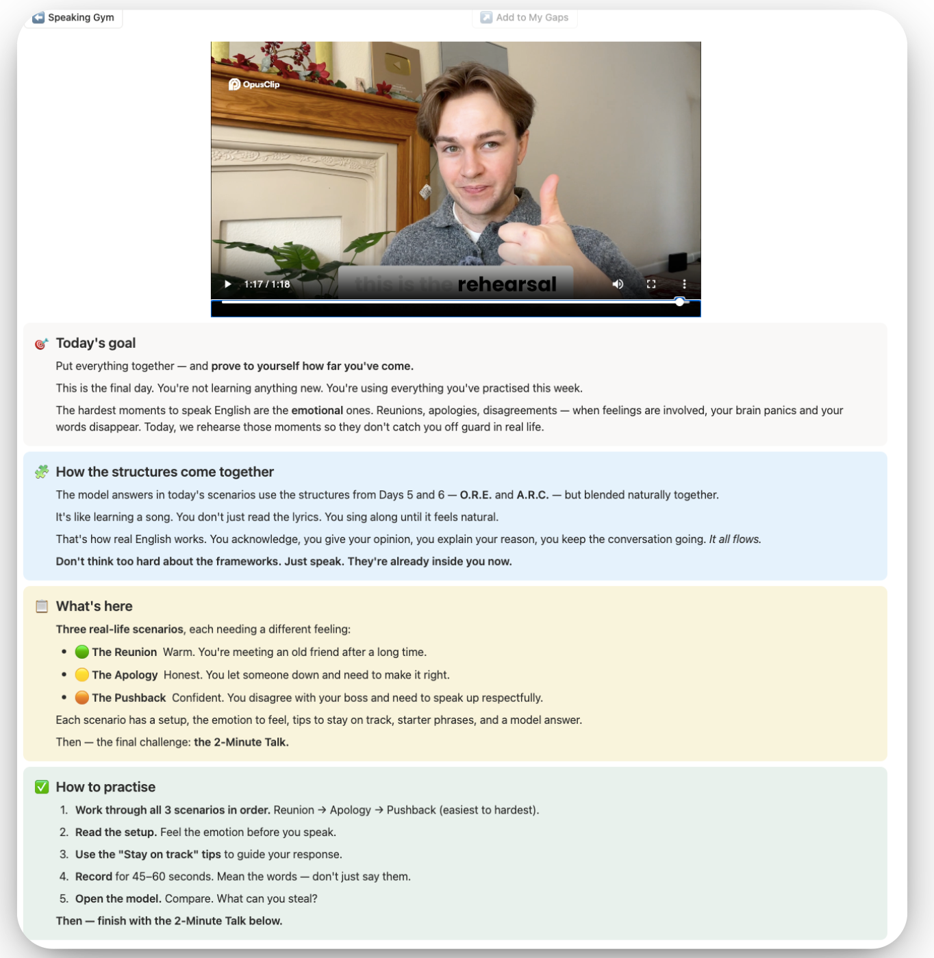 A day page with Jack's guided video